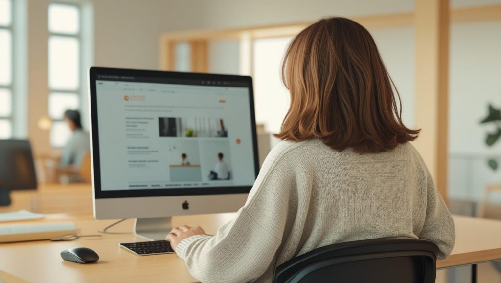 crea un'immagine adatta a un sito web istituzionale con un apersona di spalle che guarda un pc, in un ambiente di lavoro non rtoppo formaòe